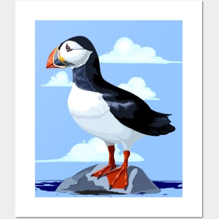 Puffin Cute Atlantic Seabird standing on a rock Posters and Art